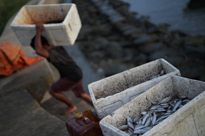 Nelayan mengangkat ikan hasil tangkapannya di areal pasar pelelangan ikan di Kecamatan Rumbia, Kabupaten Bombana, Sulawesi Tenggara, Kamis (13/10/2022). E-Log Book Penangkapan Ikan dinilai menjadi kunci penting dalam pengelolaan perikanan di Indonesia, terutama dalam penerapan kebijakan penangkapan ikan terukur yang diselenggarakan oleh Kementerian Kelautan dan Perikanan (KKP).