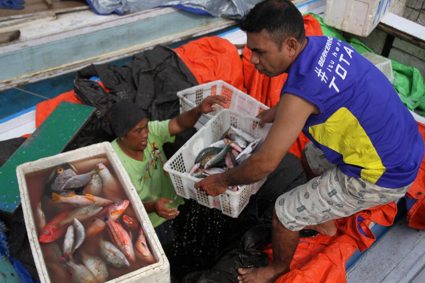 Nelayan mengeluarkan ikan dari kapal (ilustrasi). Produksi ikan nelayan di Sungailiat, Provinsi Bangka Belitung, senilai Rp 130,8 miliar.