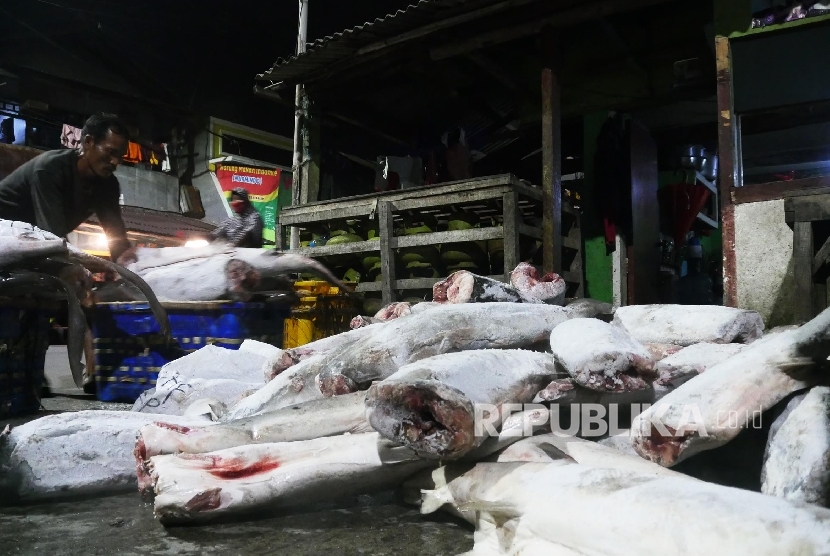 Nelayan menurunkan ikan-ikan beku dari atas mobil pick up, yang berasal dari pelabuhan Muara Baru di kampung nelayan Kalibaru Cilincing, Jakarta, Utara, Sabtu (4/3) malam.