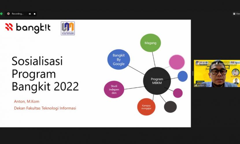 NIC (Nusa Mandiri Innovation Center) sukses menyelenggarakan sosialisasi Program Bangkit 2022, yang khusus diadakan bagi dosen pembimbing program Bangun Kualitas Manusia Indonesia (BANGKIT) batch 2 tahun 2022, Selasa (14/12).
