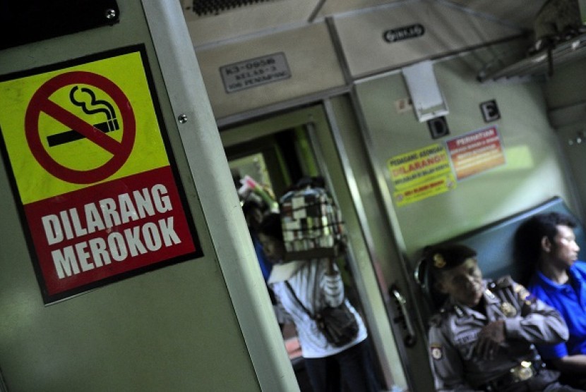 No-smoking sign shows in a commuter line (illustration).   