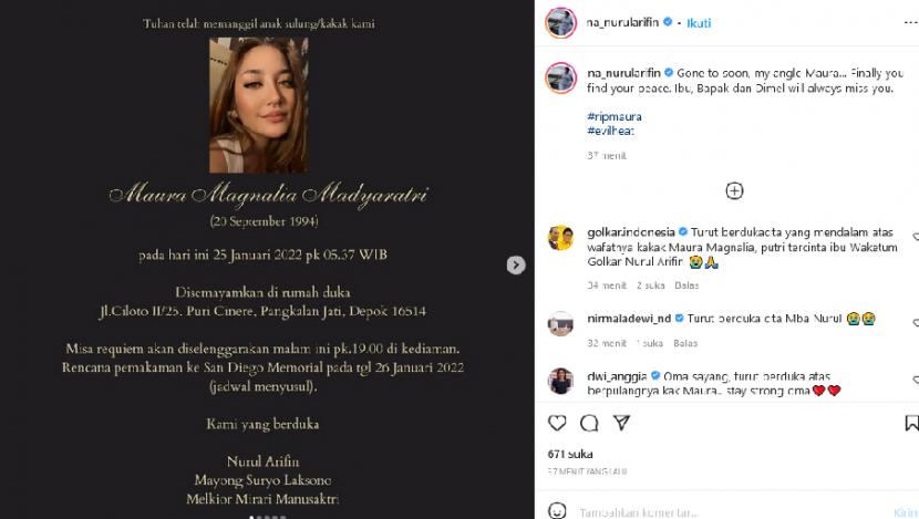 Nurul Arifi mengunggah pemberitahuan meninggalnya sang putri melalui akun Instagram, Selasa (25/1/2022).