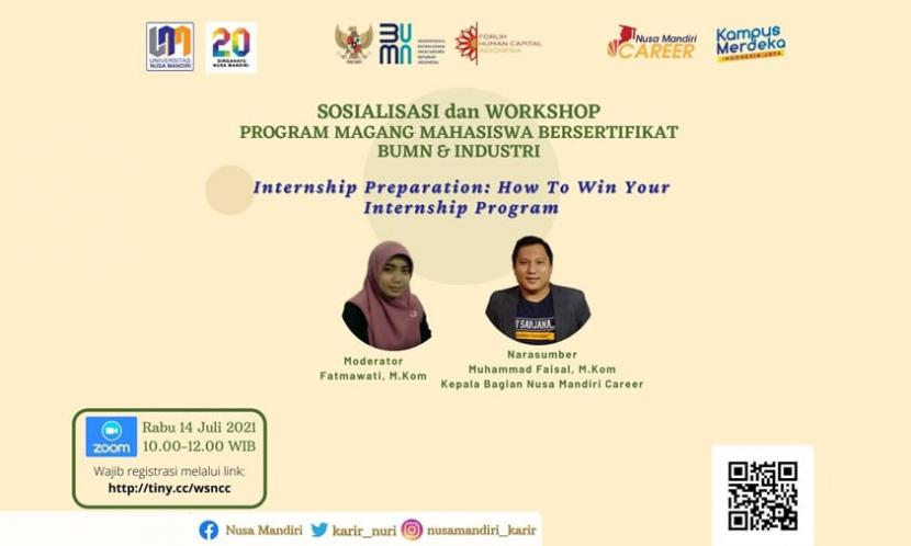 Nusa Mandiri Career Center (NCC) akan sosialisasi program magang bersertifikat, Rabu (14/7).