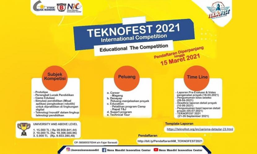Nusa Mandiri Innovation Center (NIC) mendorong mahasiswa STMIK Nusa Mandiri bersemangat mengikuti kompetisi internasional, salah satunya adalah Teknofest 2021.