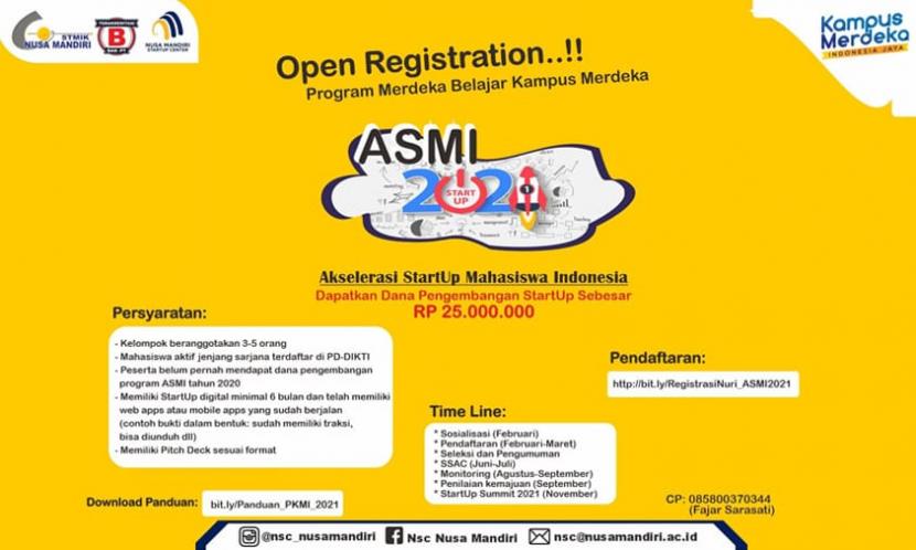 Nusa Mandiri StartUp Center (NSC) mengajak mahasiswa STMIK Nusa Mandiri mengikuti program Akselerasi StartUp Mahasiswa Indonesia (ASMI) 2021.
