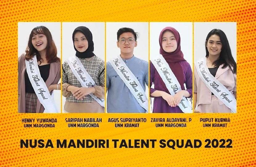 Nusa Mandiri Talent Squad (NMTS) merupakan event yang digelar oleh Universitas Nusa Mandiri (UNM) untuk mencari talent-talent photogenic pilihan dari mahasiswa untuk menjadi Brand Ambasador (BA). 