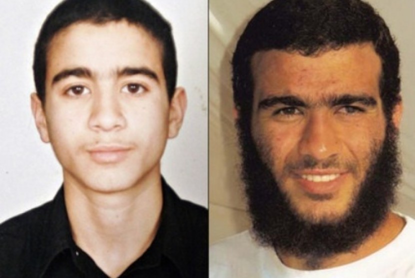 Omar Khadr (kiri) saat memasuki penjara (kiri) dan saat ini di Penjara Pangkalan Militer AS di Teluk Guantanamo (kanan).