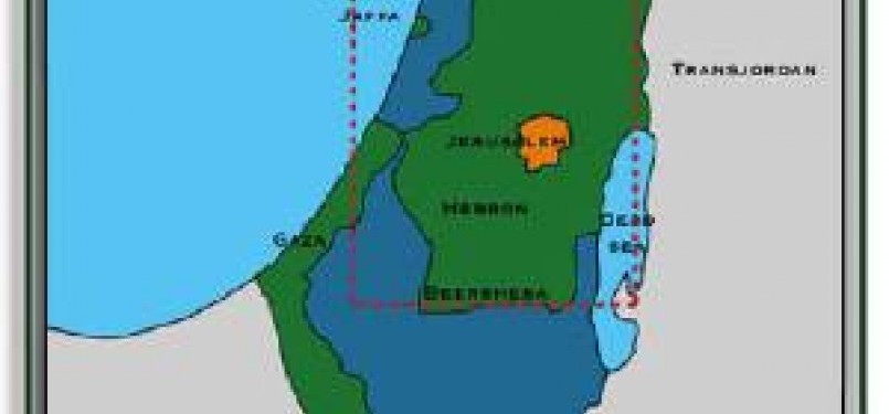 One controversial issue is the partition plan in 1947 between Arab state and Jewish state.  The map was drawn by UN Special Commision on Palestine. 