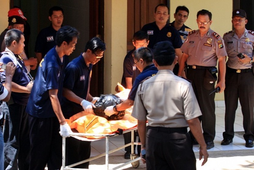 One of the two terror suspects dead body in Solo, Central Java, Saturday.  