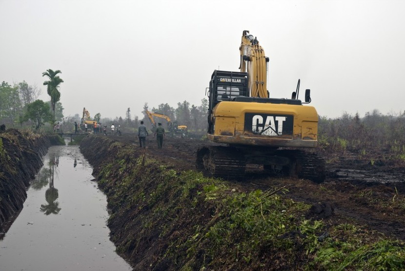 Operator mengoperasukan beberapa alat berat untuk pembuatan embung penampung air di lahan gambut bekas kebakaran di Desa Rimbo Panjang Kabupaten Kampar, Riau. (ilustrasi)