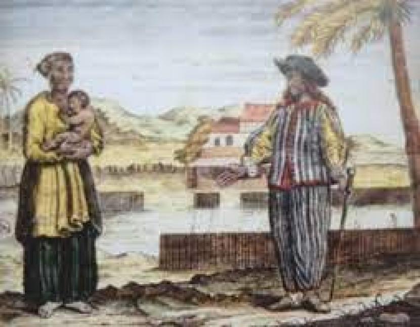 Orang Portugis (Kiri) bertemu dengan pribumi Betawi. (ilustrasi).