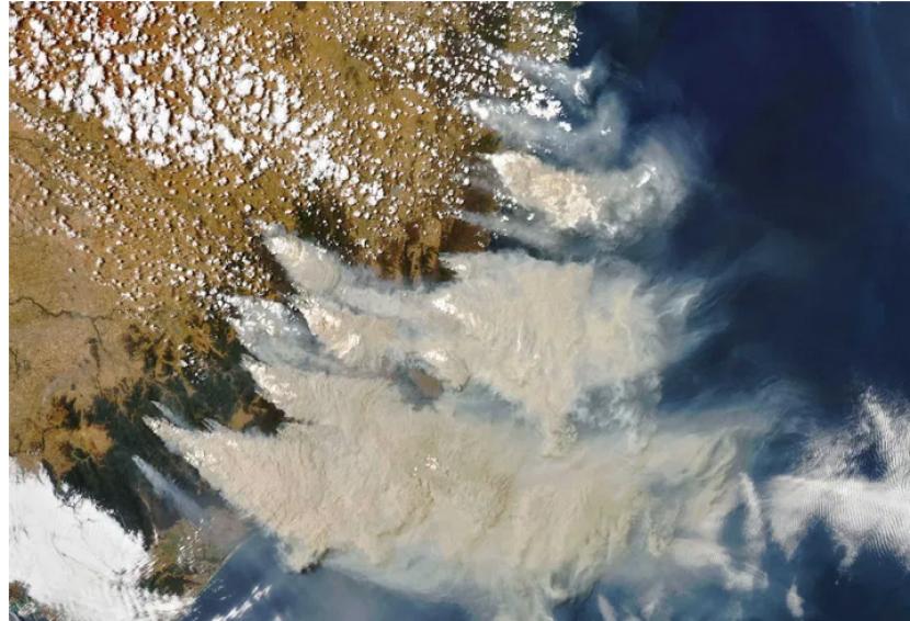 Pada 4 Januari 2020, Spektroradiometer Pencitraan Resolusi Sedang NASA menangkap gambar asap tebal berwarna cokelat yang melayang di Australia Tenggara. 