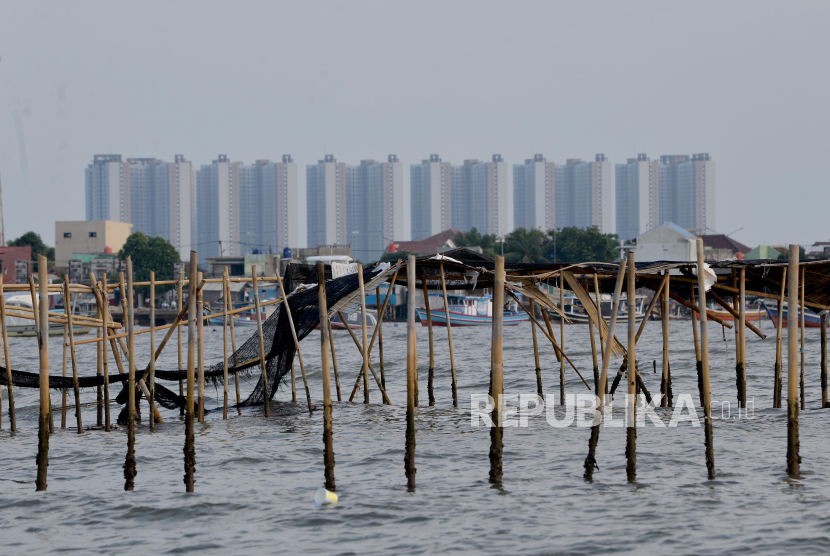 Pagar laut dengan latar belakang gedung apartemen PIK 2 terlihat di perairan Pantai Tanjung Pasir, Kabupaten Tangerang, Banten, Jumat (10/1/2024). Pagar laut di pesisir Laut Tangerang, Banten itu terbentang sepanjang 30,16 kilometer.