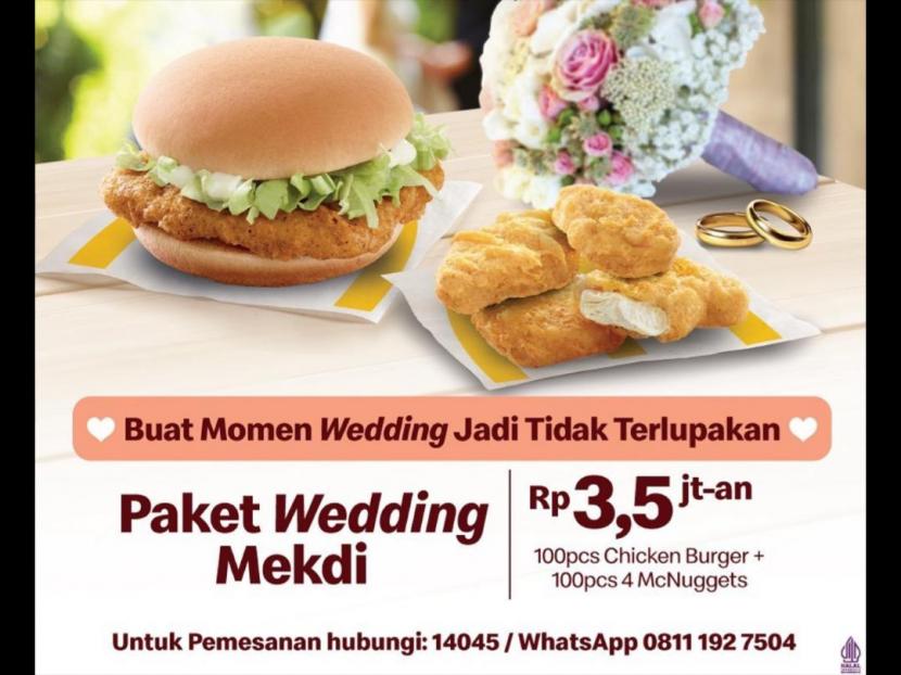 Paket Wedding Mekdi. McDonlads Indonesia memperkenalkan Paket Wedding Mekdi seharga Rp 3,5 juta-an.