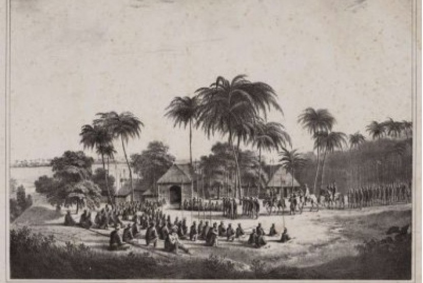 Pangeran Diponegoro naik kuda, mengenakan jubah da surban, ketika beristirahat bersama pasukannay di tepisan sungai Progo, pada penghujung tahun 1830.