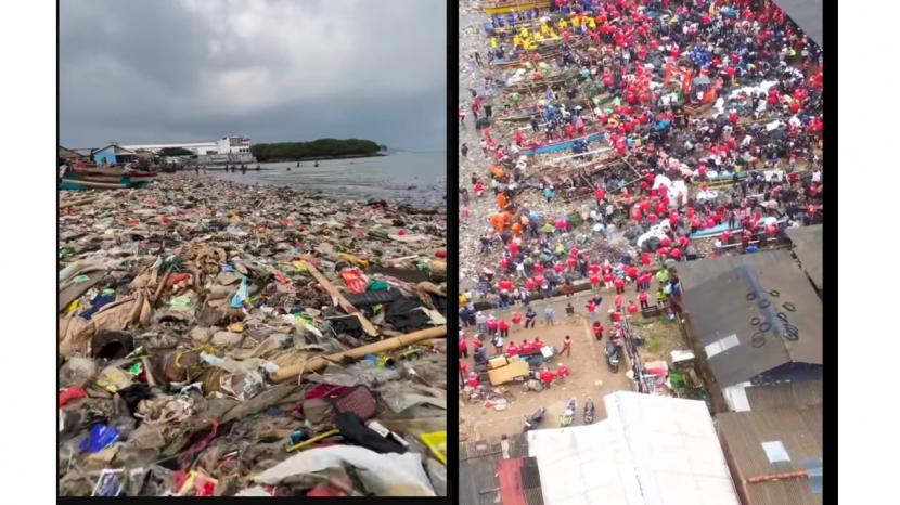 Pantai Sukaraja sebelum dibersihkan (kiri) dan yang sedang dalam proses pembersihan bersama ribuan warga  