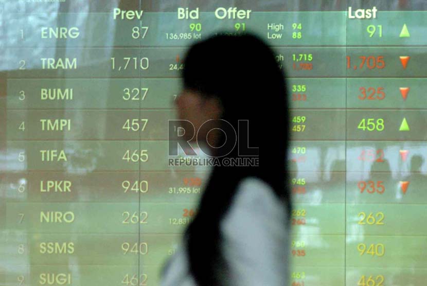 Papan layar menunjukan harga saham di Bursa Efek Indonesia