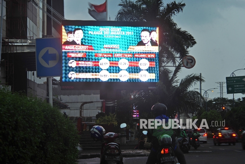  Papan reklame menampilkan hasil hitung cepat hasil Pilkada DKI putaran kedua di Jakarta, Rabu (19/4).