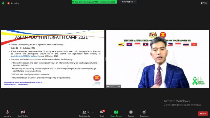 Paparan Deputi II Kemenpora Asrorun Niam Sholeh dalam acara Asean SOMY 2021. 