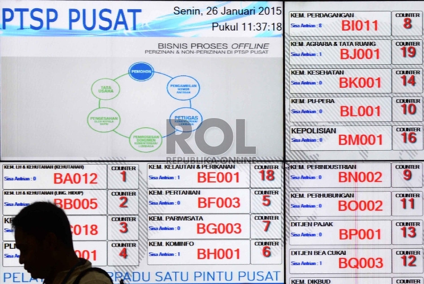 Para investor melakukan pengurusan perijinan usaha pada Pelayanan Terpadu Satu Pintu (PTSP) Pusat saat peresmian di kantor Badan Koordinasi Penanaman Modal (BKPM), Jakarta, Senin (26/1). ( Republika/ Yasin Habibi)