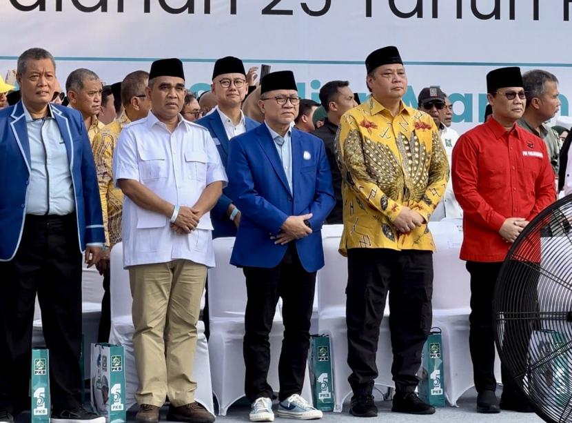 Para ketum parpol pendukung pemerintah hadir di Harlah ke-25 PKB di Stadion Manahan, Kota Solo, Jawa Tengah, Ahad (24/7/2023).