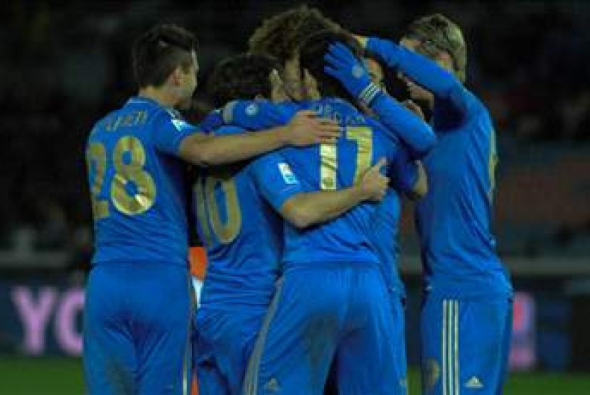 Para pemain Chelsea merayakan gol ke gawang Monterrey di semi final Piala Dunia Antarklub, Kamis (13/12).