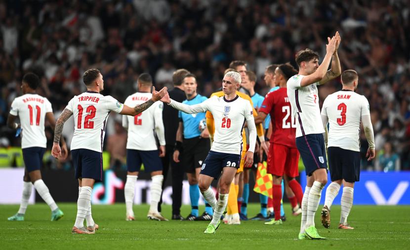 Para pemain Inggris merayakan kemenangan di semifinal UEFA EURO 2020 antara Inggris dan Denmark di London, Inggris, 07 Juli 2021.
