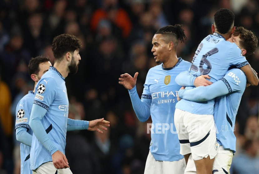 Para pemain Manchester City merayakan gol ke gawang Club Brugge.