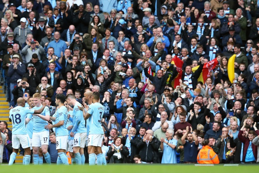 Para pemain Manchester City merayakan gol Kevin De Bruyne.