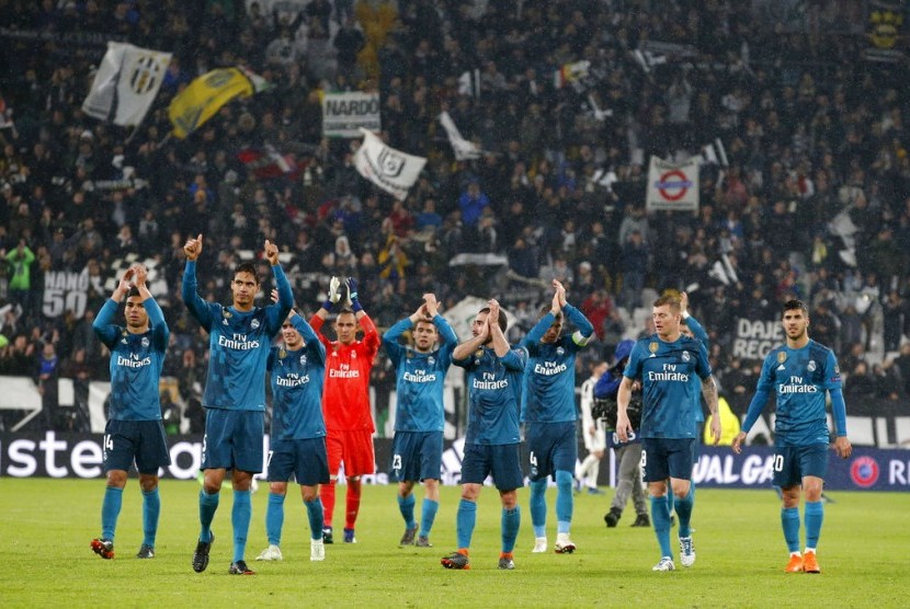 Striker Real Madrid, Cristiano Ronaldo merayakan gol ke gawang Juventus pada laga perempat final Liga Champions di Stadion Juventus, Rabu (4/4) dini hari WIB. Madrid unggul 1-0 pada babak pertama.
