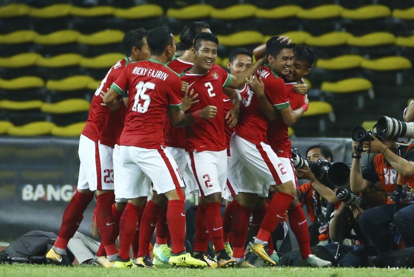 Para Pemain Timnas Indonesia merayakan gol ke gawang Filipina diajang babak penyisishan sepakbola Sea Games 2017 di Kuala Lumpur, Malaysia.