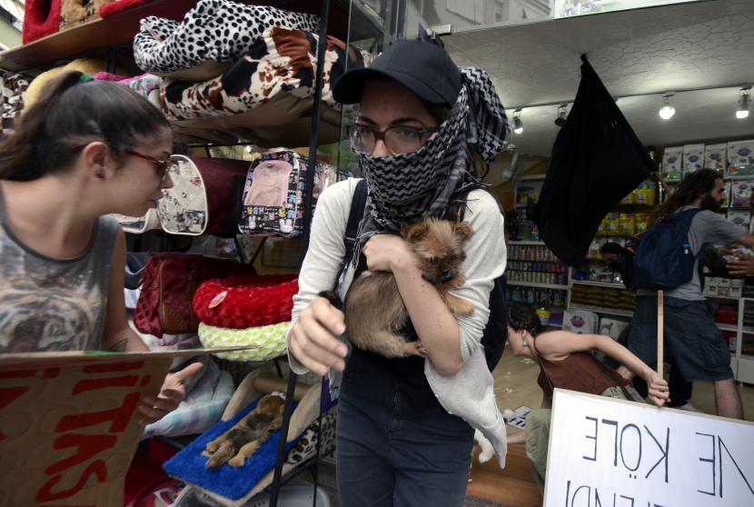 Para pengunjuk rasa membebaskan hewan dari petshop setelah unjuk rasa untuk hak-hak hewan di Istanbul, Turki, 15 Juni 2014.