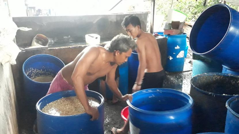 Para perajin tempe di Kecamatan Wonocolo, Surabaya, mengeluhkan harga kedelai impor yang terus mengalami lonjakan, seiring terjadinya kelangkaan