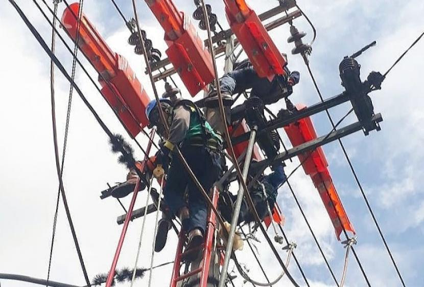 Para petugas PLN melaksanakan aktivitas pemeliharaan jaringan listrik. ilustrasi