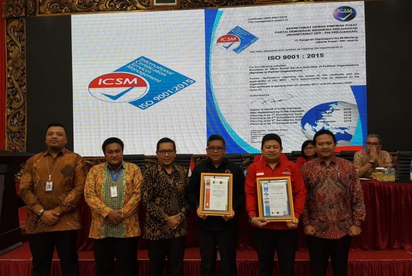 Partai Demokrasi Indonesia Perjuangan (PDI Perjuangan) berhasil mempertahankan sertifikat International Organization for Standardization (ISO) 9001:2015 