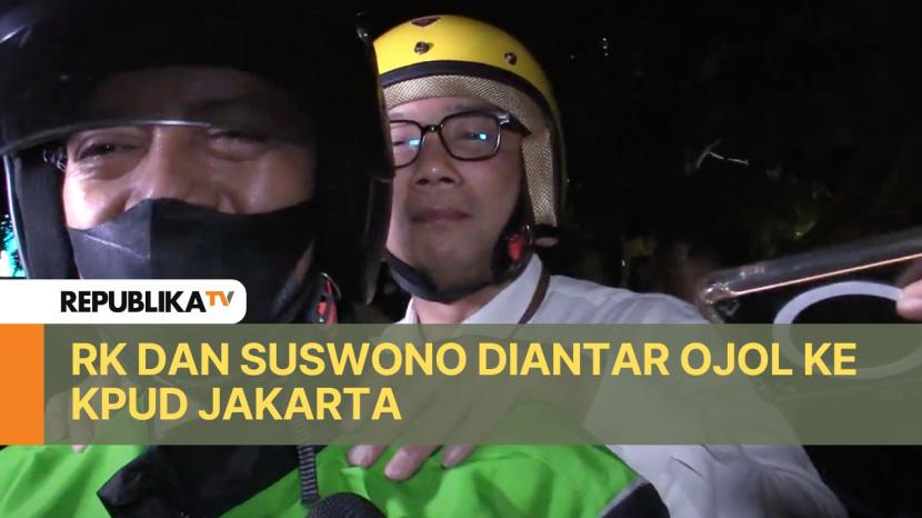 Pasangan calon gubernur dan wakil gubernur Jakarta Ridwan Kamil (RK) dan Suswono berangkat ke kantor KPU Provinsi Jakarta menggunakan kendaraan ojek online (ojol) untuk menghadiri pengundian nomor urut Pilkada Serentak 2024.