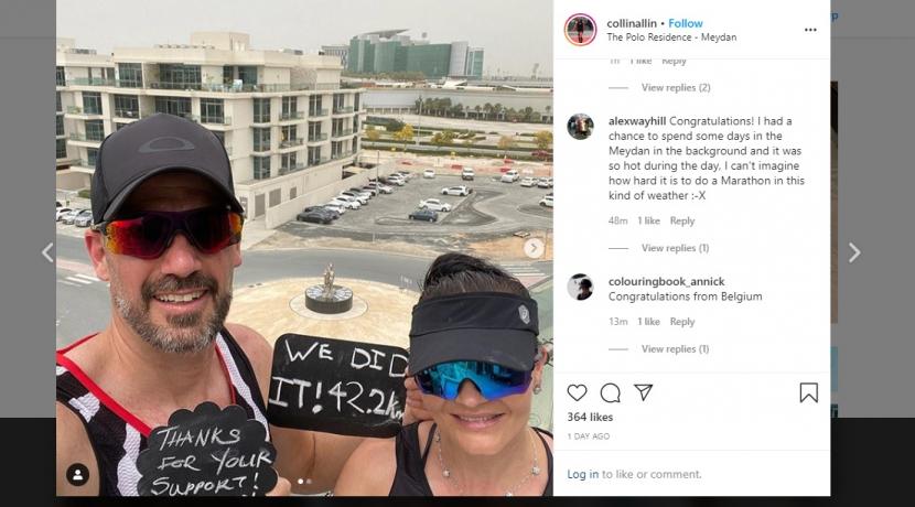 Pasangan dari Afrika Selatan (Afsel) yang berlari marathon di balkon apartemen mereka di Dubai,
