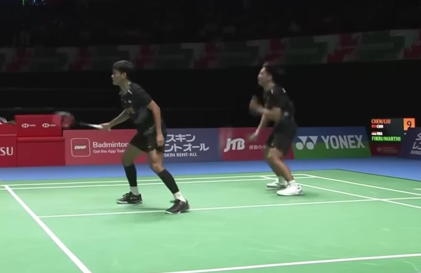 Pasangan pebulutangkis Fikri dan Daniel Marthin di Japan Open.