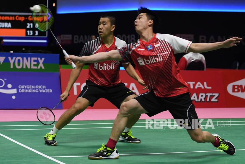 Pasangan ganda putra Indonesia Kevin Sanjaya Sukamuljo (kanan) dan Marcus Fernaldi Gideon (kiri)