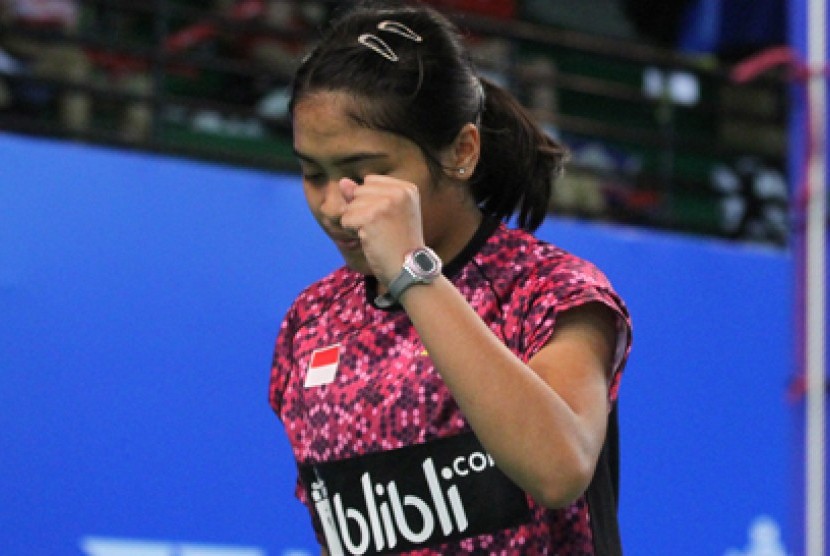 Pebulu tangkis Indonesia Gregoria Mariska Tunjung menang atas tunggal putri Cina Han Yue dengan skor 21-17 dan 21-17.