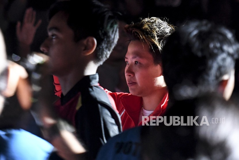 Pebulu tangkis Liliyana Natsir tiba saat pesta perpisahannya di Istora Senayan, Jakarta, Ahad (27/1/2019). 