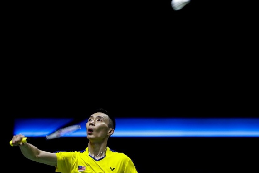 Pebulutangkis Malaysia Lee Chong Wei dalam ajang Piala Thomas 2018 yang berlangsung di Impact Arena, Bangkok, Thailand, Senin (21/5)