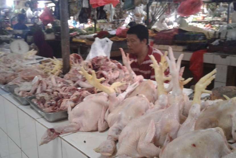 Pedagang ayam potong di Pasar Lenteng, Jakarta Selatan, sedang menghitung uang di tangannya, Jumat (7/9).