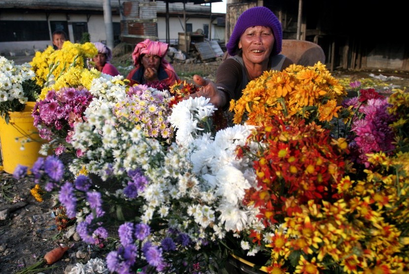Pedagang bunga di lokasi wisata Berastagi, Karo, Sumatera Utara. Bukit Kubu menjadi salah satu andalan wisata Berastagi. 