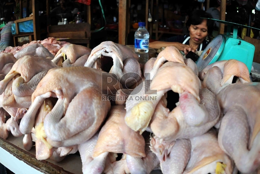 Pedagang daging ayam menunggu pembeli di Pasar Senen, Jakarta, Senen (18/8).