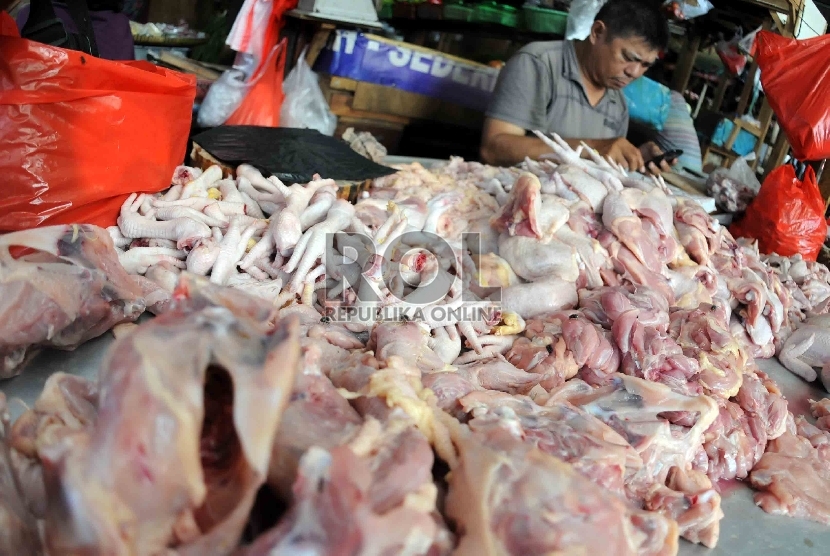 Pedagang daging ayam menunggu pembeli (Ilustrasi).
