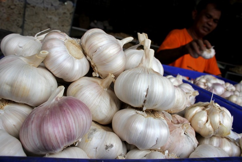 Pedagang membersihkan bawang putih di salah satu pasar tradisional.