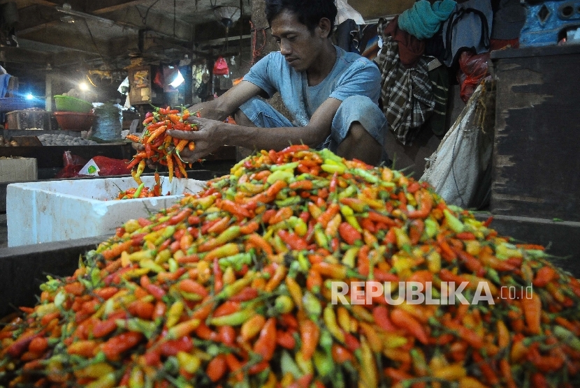 Pedagang memilah cabai di Pasar Senen, Jakarta Pusat, Senin (3/4). 