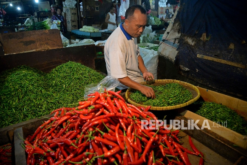Pedagang memilah cabai di Pasar Senen, Jakarta, Rabu (4/1) malam. Harga cabai di sejumah pasar tradisional di Jakarta mengalami kenaikan. Terutama harga cabai rawit merah melonjak hingga Rp 130 ribu per kilogram, hal ini disebabkan tingginya curah hujan.
