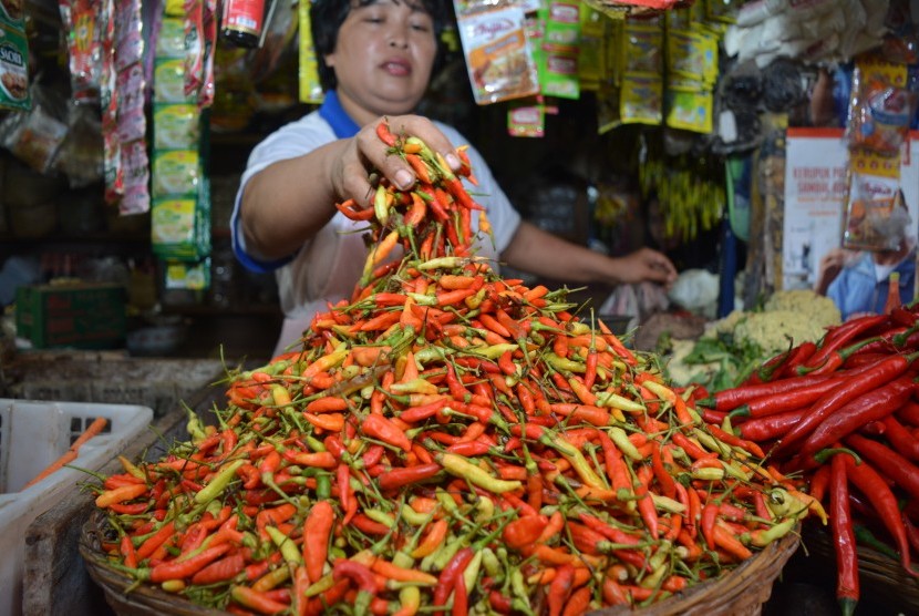 Pedagang menata cabai rawit dagangannya di Pasar Larangan, Sidoarjo, Jawa Timur, Kamis (17/3). 